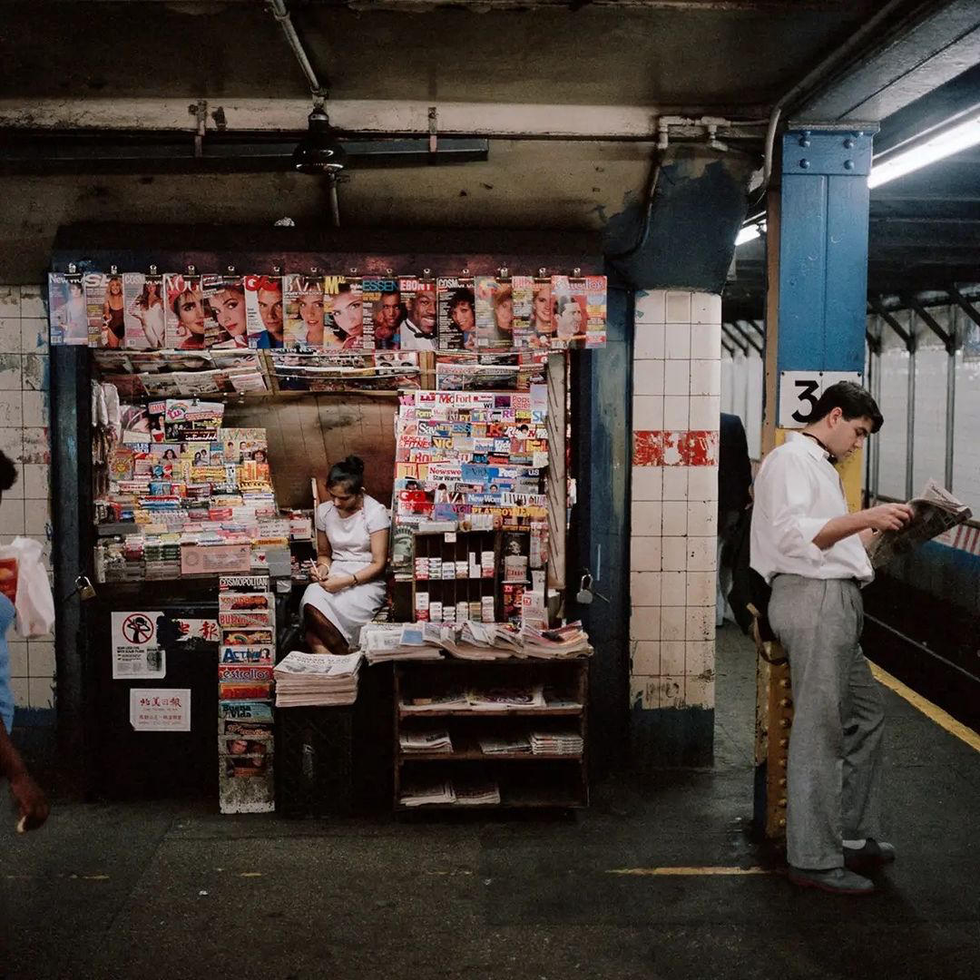 Newsstand on the subway, Lower Manhattan, New York City, 1985