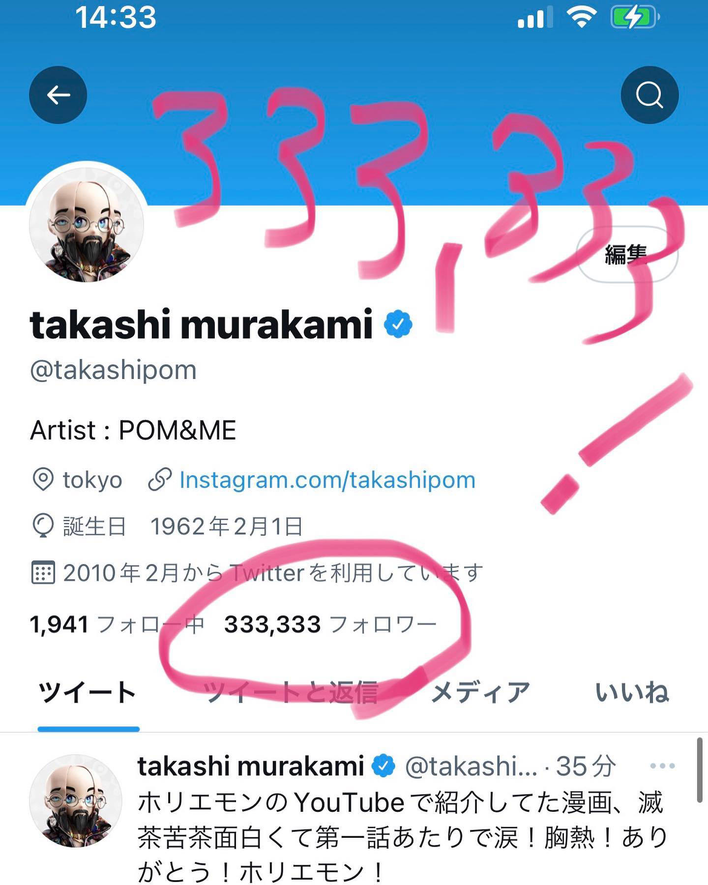 Takashi Murakami - My Twitter follower now333,333